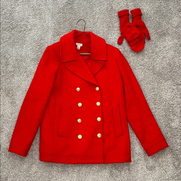 J. Crew Vibrant Red Pea Coat w/Matching Mittens - Picture 3 of 13